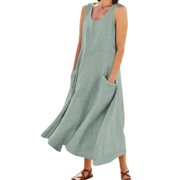 Mohiass 2024 Cotton Linen Sleeveless Plus Size Dresses for Women Tropical Casual Round Neck Sundress with Pockets Mint Green 3XL