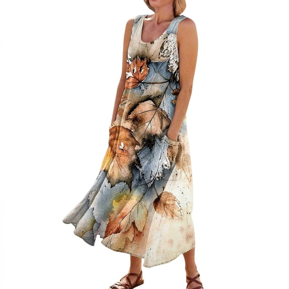 Mohiass 2024 Cotton Linen Sleeveless Plus Size Dresses for Women Tropical Casual Round Neck Sundress with Pockets Orange 2XL