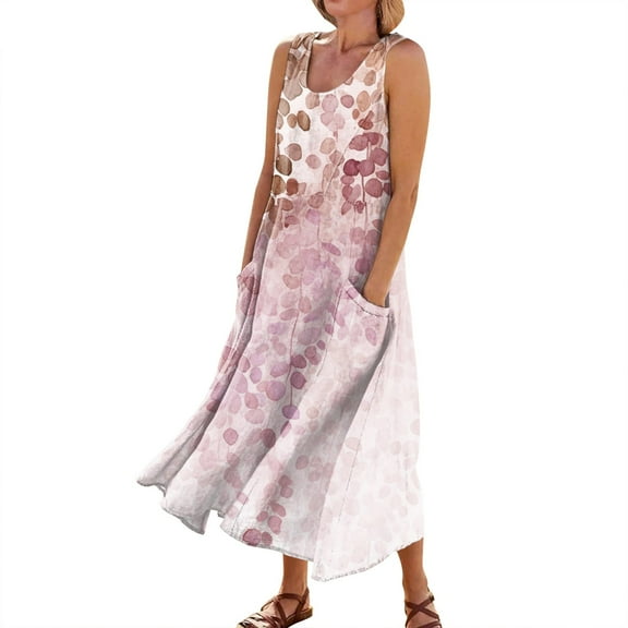 Mohiass 2024 Cotton Linen Sleeveless Plus Size Dresses for Women Tropical Casual Round Neck Sundress with Pockets Pink 3XL