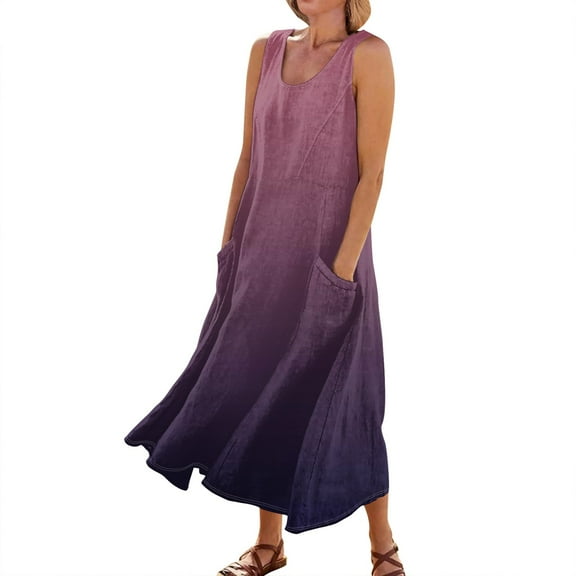 Mohiass 2024 Cotton Linen Sleeveless Plus Size Dresses for Women Tropical Casual Round Neck Sundress with Pockets Purple 3XL