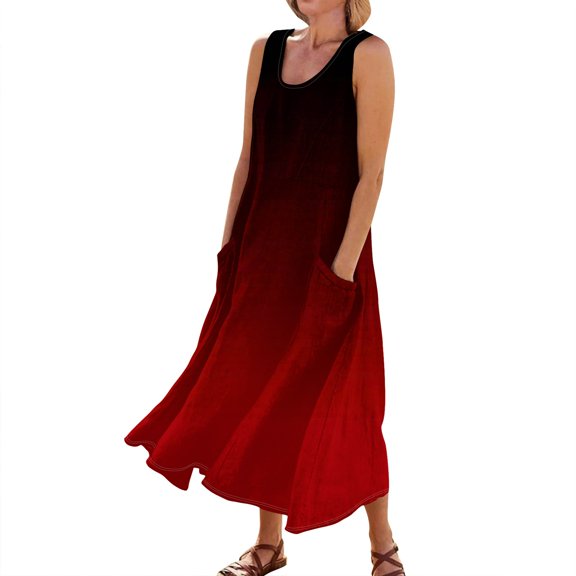 Mohiass 2024 Cotton Linen Sleeveless Plus Size Dresses for Women Tropical Casual Round Neck Sundress with Pockets Red 4XL