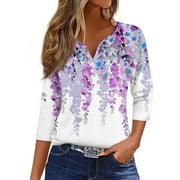 Mohiass 2024 Floral Print Button Up Shirts Henley V Neck 3/4 Sleeve Summer Blouse Casual Tunic Tops Purple M