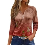 Mohiass 2024 Floral Print Button Up Tops Henley V Neck Casual Shirts Dressy Summer Tunic Tops Vermilion S