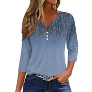 Mohiass 2024 Floral Print Henley V Neck Shirts 3/4 Sleeve Button Up Dressy Blouse Summer Casual Tunic Tops Blue XL