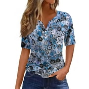 Mohiass 2024 Floral Print Henley V Neck Shirts Button Up Dressy T Shirts Summer Casual Blouse Blue 3XL