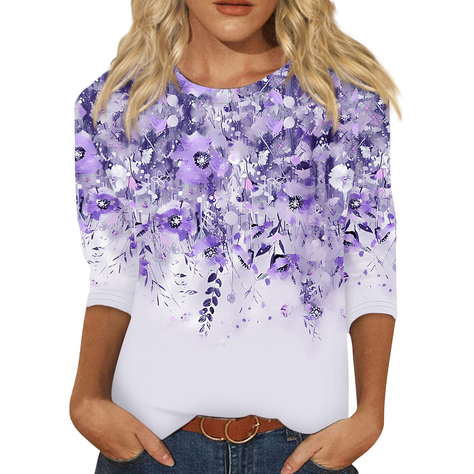 EADINVE Women's 3/4 Sleeve Casual Tunic Top - Round Neck Loose Fit Blouse In Deep Purple - View #11