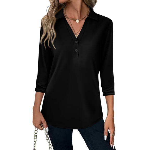 Mohiass 3/4 Sleeve Elegant Blouse Women Spring Formal Ruched Shirt Solid Lightweight V Neck Fitted Tops Black XL