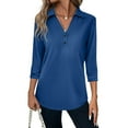 thumbnail image 1 of Mohiass 3/4 Sleeve Elegant Blouse Women Spring Formal Ruched Shirt Solid Lightweight V Neck Fitted Tops Blue L, 1 of 5