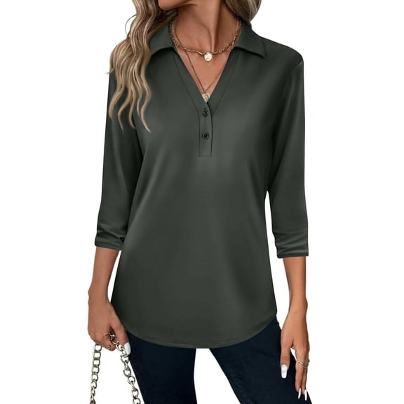 Mohiass 3/4 Sleeve Elegant Blouse Women Spring Formal Ruched Shirt Solid Lightweight V Neck Fitted Tops Dark Gray S