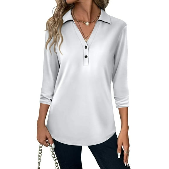 Mohiass 3/4 Sleeve Elegant Blouse Women Spring Formal Ruched Shirt Solid Lightweight V Neck Fitted Tops White L
