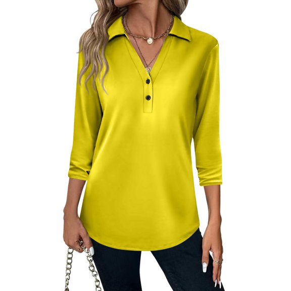 Mohiass 3/4 Sleeve Elegant Blouse Women Spring Formal Ruched Shirt Solid Lightweight V Neck Fitted Tops Yellow L