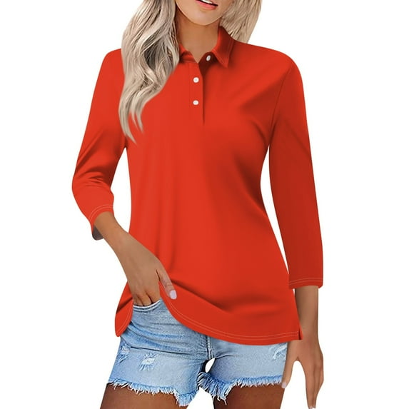 Mohiass 3/4 Sleeve Polo Shirts for Women Basic Button Up Tops Lapel Collared T Shirts Trendy Summer Casual Shirts Saffron 2XL