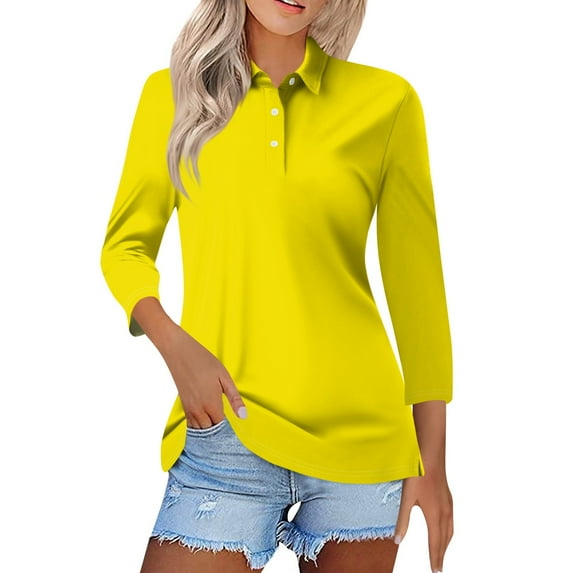 Mohiass Long Sleeve Polo Shirts for Women 2024 Winter Fall Tops Button V Neck Business Casual Collared Shirts Dressy Blouses Yellow M