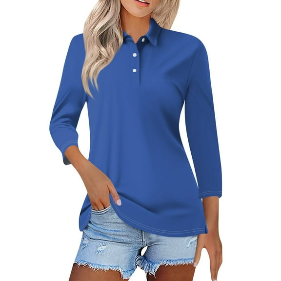Mohiass Polo Shirts for Women 2024 Trendy 3/4 Length Sleeve Womens Tops Button V Neck Business Casual Fall Blouses Blue L