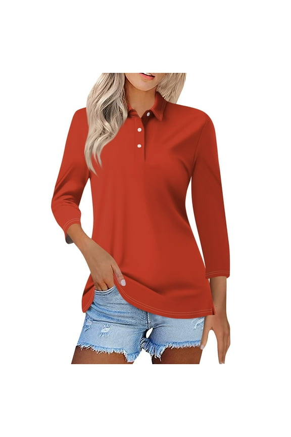 3/4 Sleeve Polo Shirts for Women Solid Color Button Up Tops Lapel Collared T Shirts Trendy Summer Casual Shirts Red 2XL