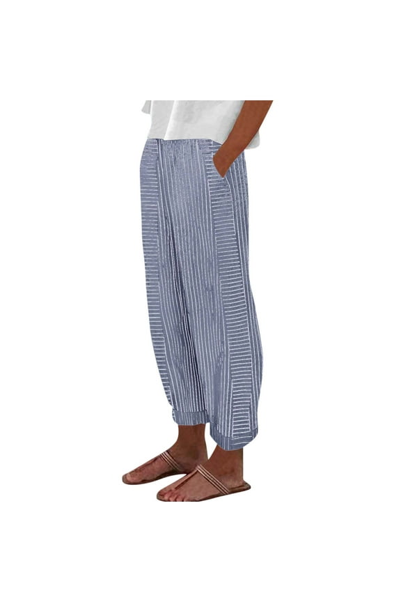 Ankle Pants for Women Petite Length Elastic Waisted Straight Leg Business Casual Pant Comfort Strip Printed Lounge Trousers Light Blue M