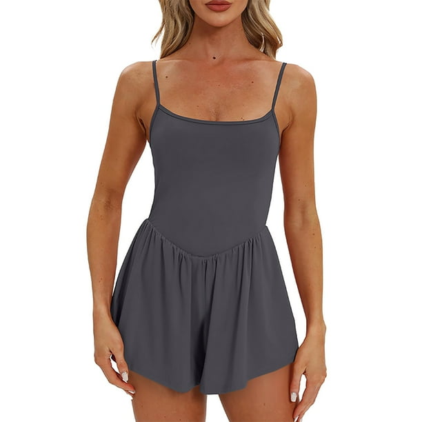 Mohiass Athletic Romper Women s Summer Sleeveless Rompers Spaghetti Strap Solid Color Short Jumpsuit One Piece Outfits Dark Gray L