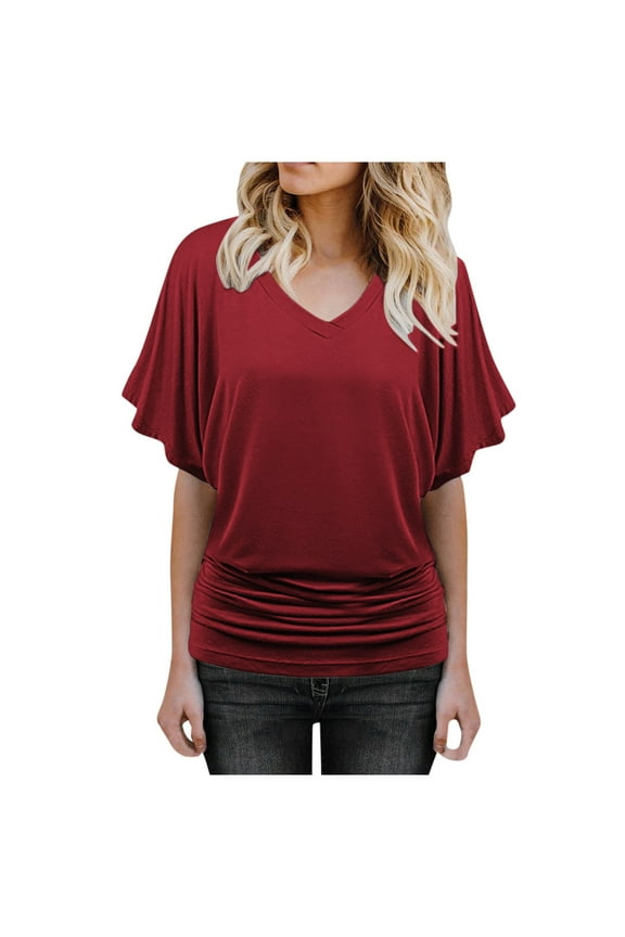 Batwing Short Sleeve Dolman Tops for Women Plus Size Banded Bottom Fold Hem Top Casual Loose Flowy T Shirts Wine 2XL