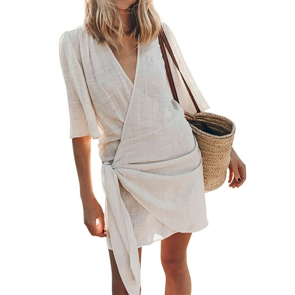 Mohiass Beach Dress for Women 2024 Swimwear Coverups Sarong Wrap Dress Summer Vacation Outfits Casual Short Dresses Beige L