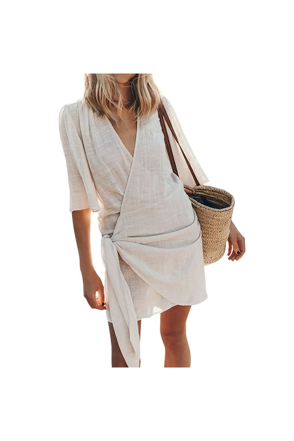 Beach Dress for Women 2024 Swimwear Coverups Sarong Wrap Dress Summer Vacation Outfits Casual Short Dresses Beige L