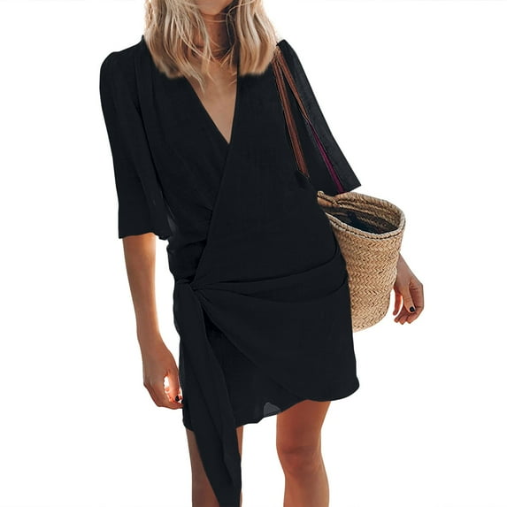 Mohiass Beach Dress for Women 2024 Swimwear Coverups Sarong Wrap Dress Summer Vacation Outfits Casual Short Dresses Black M