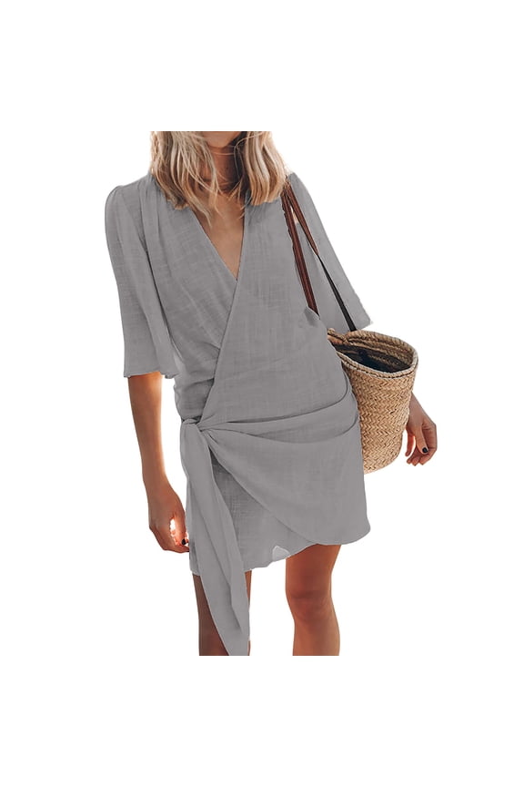 Beach Dress for Women 2024 Swimwear Coverups Sarong Wrap Dress Summer Vacation Outfits Casual Short Dresses Gray 3XL