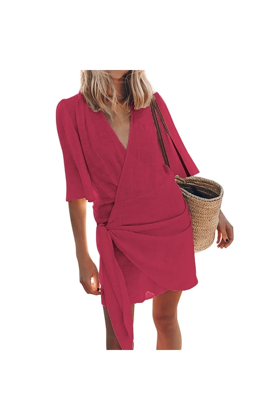 Beach Dress for Women 2024 Swimwear Coverups Sarong Wrap Dress Summer Vacation Outfits Casual Short Dresses Red XL