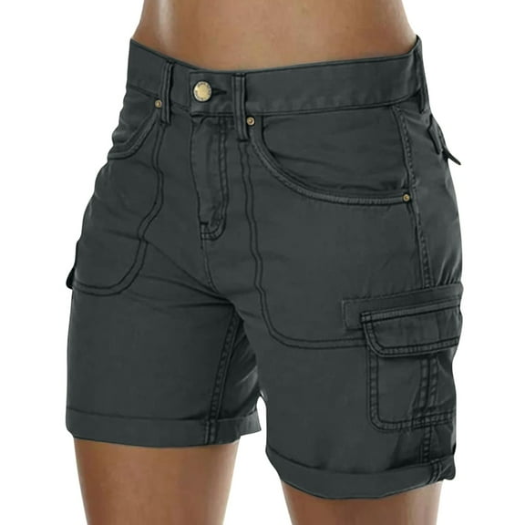 Mohiass Womens Cargo Shorts Trendy Summer High Waisted Shorts Knee Length Pull on Casual Hiking Bermuda Shorts with Pockets Dark Gray S
