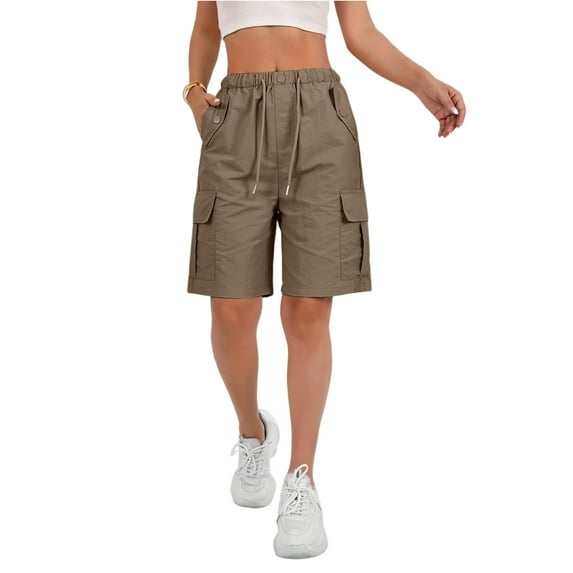 Mohiass Bermuda Cargo Shorts for Women Knee Length Elastic Waist Long Shorts Summer Baggy Hiking Short with Pocket Light Brown S
