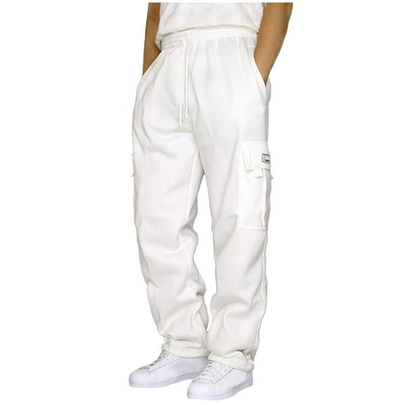 Mohiass Big and Tall Fleece Cargo Sweatpants for Men Fall Winter Fashion 2025 Drawstring Baggy Joggers Athletic Workout Pants White 4XL