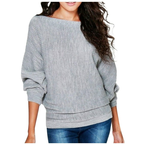 Mohiass Boat Neck Batwing Sleeves Dolman Knitted Sweaters and Pullovers Tops for Women Gray L