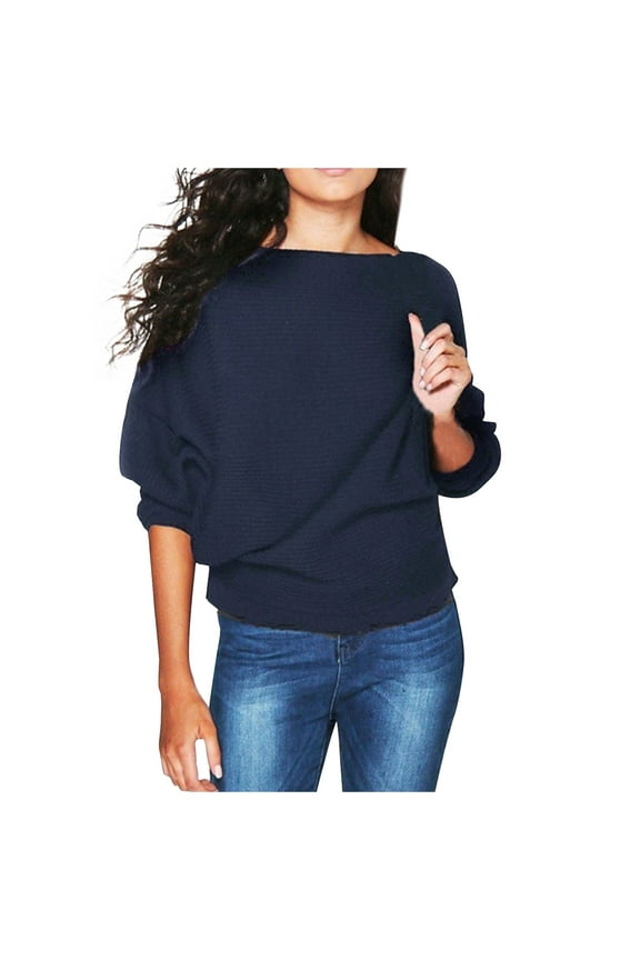 Boat Neck Batwing Sleeves Dolman Knitted Sweaters and Pullovers Tops for Women Navy XL