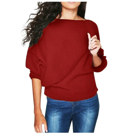 Mohiass Boat Neck Batwing Sleeves Dolman Knitted Sweaters and Pullovers Tops for Women Red 3XL