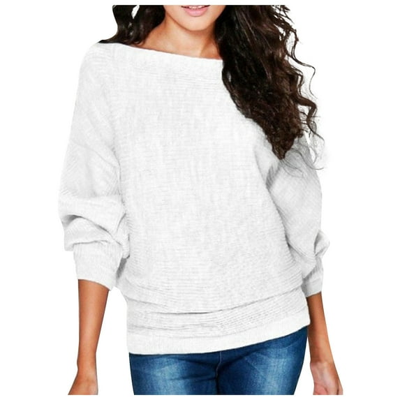 Mohiass Boat Neck Batwing Sleeves Dolman Knitted Sweaters and Pullovers Tops for Women White 2XL