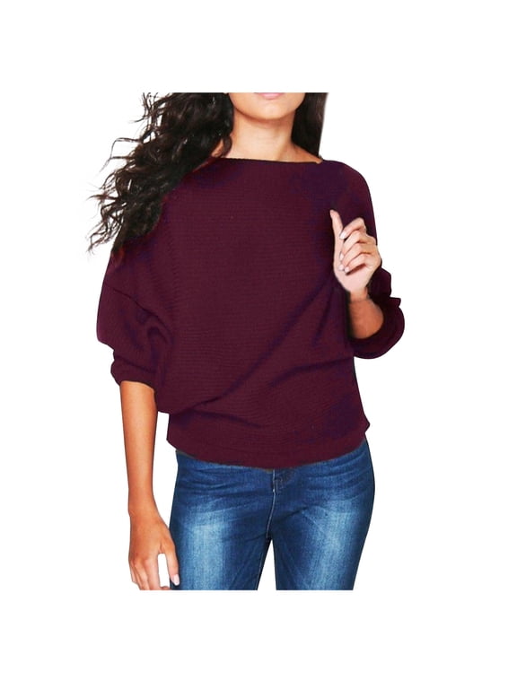 Boat Neck Batwing Sleeves Dolman Knitted Sweaters and Pullovers Tops for Women Wine M