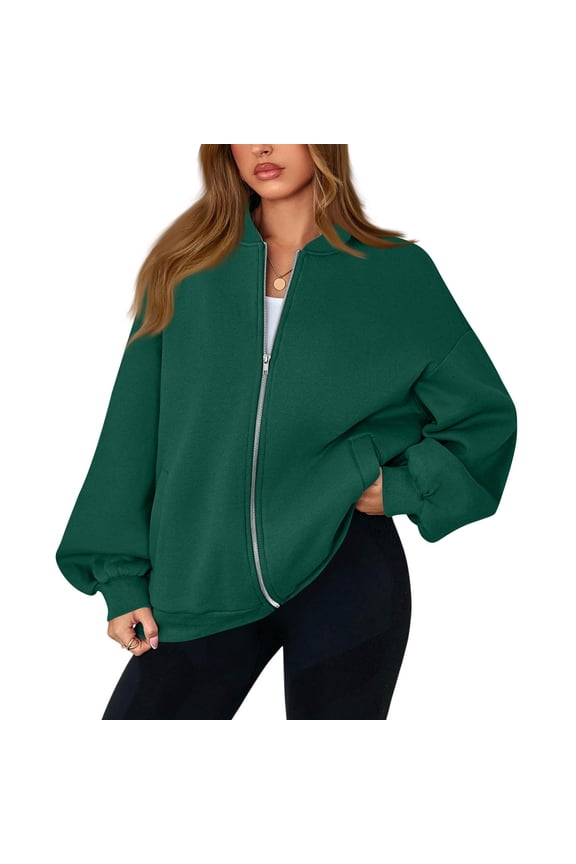 Bomber Jacket Women Fleece Full Zip Sweatshirt Jacket with Pockets Winter Warm Lightweight Sweatshirt Jackets Dark Green 3XL