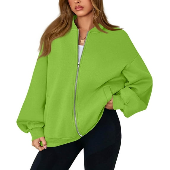 Mohiass Bomber Jacket Women Fleece Full Zip Sweatshirt Jacket with Pockets Winter Warm Lightweight Sweatshirt Jackets Fluorescent Green L