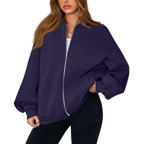 Mohiass Bomber Jacket Women Fleece Full Zip Sweatshirt Jacket with Pockets Winter Warm Lightweight Sweatshirt Jackets Purple 3XL