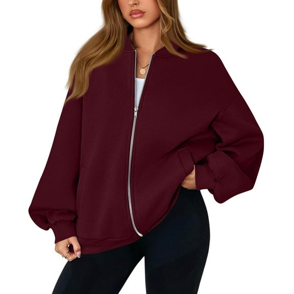 Mohiass Bomber Jacket Women Fleece Full Zip Sweatshirt Jacket with Pockets Winter Warm Lightweight Sweatshirt Jackets Wine S