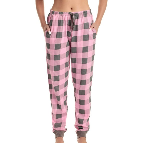 Mohiass Buffalo Plaid Sleep Pants for Women Drawstring Cuffed Bottoms Jogger Casual Loungewear Pant with Pockets Pink L