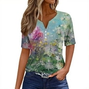 Mohiass Button Up Henley V Neck T Shirts Floral Print Short Sleeve Casual Shirts Dressy 2024 Tunic Tops Light Gray 3XL