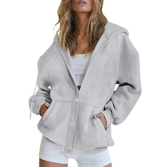 Mohiass Button Up Y2K Hoodies for Women Casual Oversized Hooded Sweatshirt Long Sleeve Trendy Athletic Jackets with Pockets Light Gray S