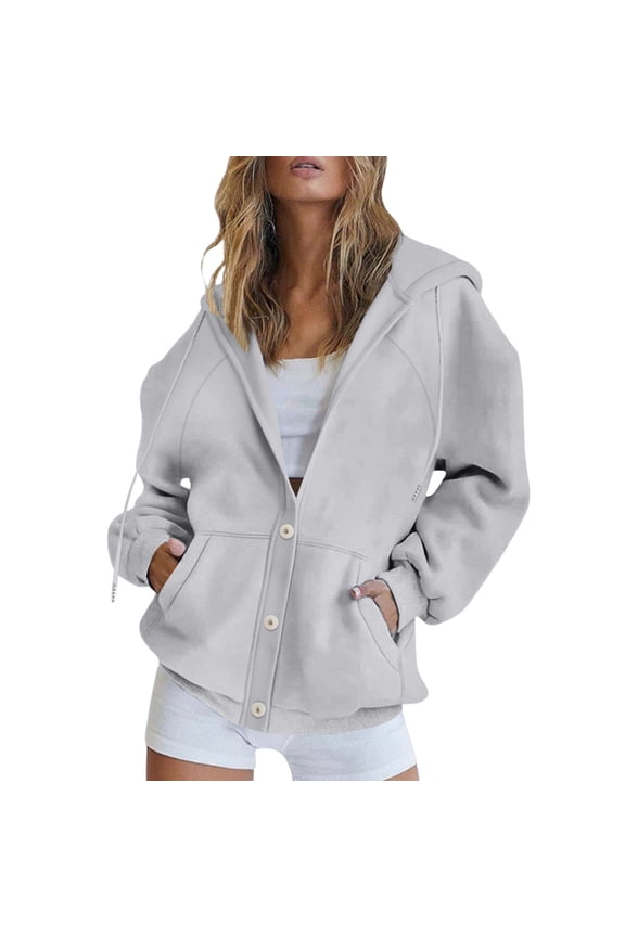 Button Up Y2K Hoodies for Women Casual Oversized Hooded Sweatshirt Long Sleeve Trendy Athletic Jackets with Pockets Light Gray S