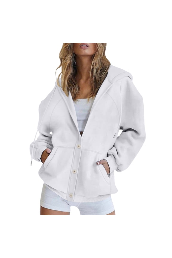 Button Up Y2K Hoodies for Women Casual Oversized Hooded Sweatshirt Long Sleeve Trendy Athletic Jackets with Pockets White XL
