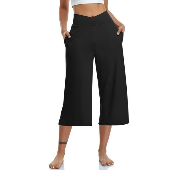 Mohiass Capri Pants for Women Summer Wide Leg Capri Pants with Pockets Tummy Control Yoga Capris Plus Size Cropped Pants Black 2XL