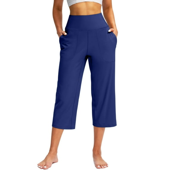 Mohiass Capri Pants for Women Summer Wide Leg Capri Pants with Pockets Tummy Control Yoga Capris Plus Size Cropped Pants Blue XL