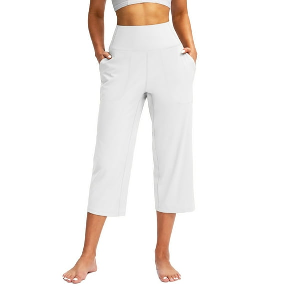 Mohiass Capri Pants for Women Summer Wide Leg Capri Pants with Pockets Tummy Control Yoga Capris Plus Size Cropped Pants White M