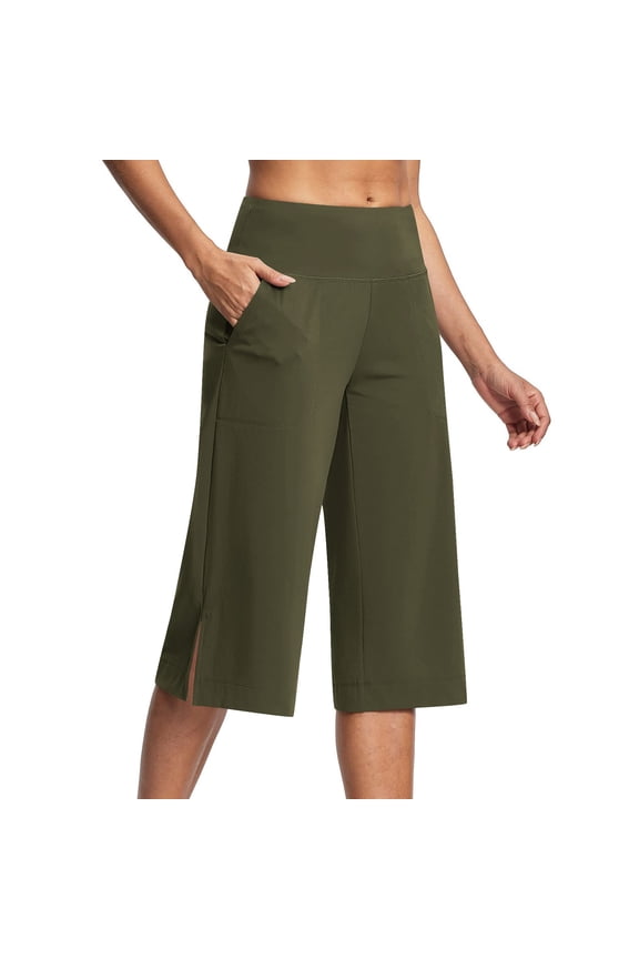 Capri Pants for Women Wide Leg Yoga Summer High Waisted Capris Casual Pull on Tummy Control Lounge Capri Pants with Pockets Army Green XL