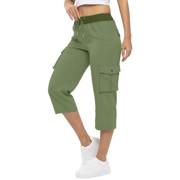 Mohiass Capri Pants for Women,Women's Pants Lightweight Hiking Cargo Pockets Casual Travel Cropped Cotton Pants with Pockets Army Green S