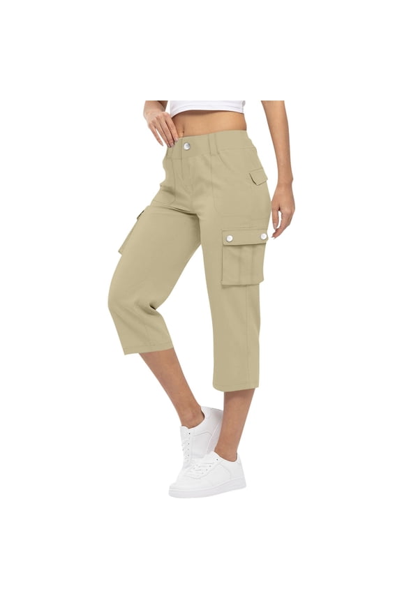 Capri Pants for Women,Women's Pants Lightweight Hiking Cargo Pockets Casual Travel Cropped Cotton Pants with Pockets Beige M